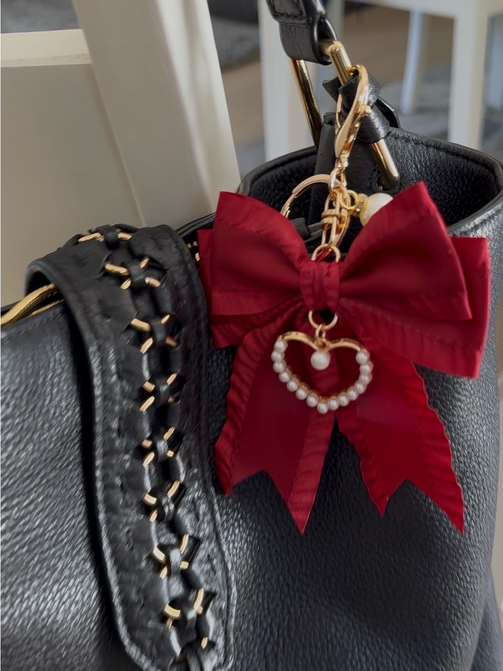 Gold & Pearl Heart Bow Keychain/bag charm - Red Ribbon Accessory